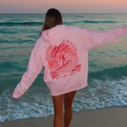 Pink Palm Puff Everything Comes in Waves Pink Hoodie