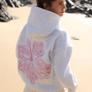 Pink Palm Puff Hawaii Hibiscus Hoodie in Heather Cloud