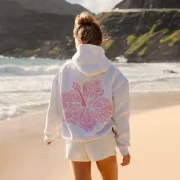 Pink Palm Puff Hawaii Hibiscus Hoodie in Heather Cloud