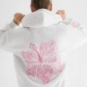 Pink Palm Puff Hawaii Hibiscus Hoodie in Heather Cloud