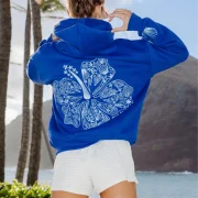 Pink Palm Puff Hawaii Hibiscus Hoodie in Oceanic