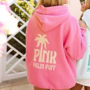 Pink Palm Classic Puff Hoodie in Raspberry