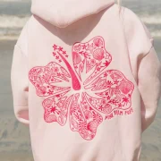 Pink Palm Hawaii Hibiscus Puff Hoodie in Blush