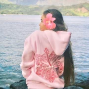 Pink Palm Hawaii Hibiscus Puff Hoodie in Blush